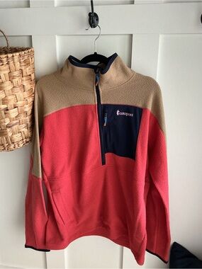 cotopaxi Coral and Tan Half-Zip Fleece with Navy Chest Pocket